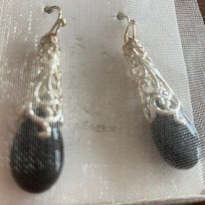 New * Polished OYNX and SILVER FILIGREE Cage DROP Hook Pierced EARRINGS